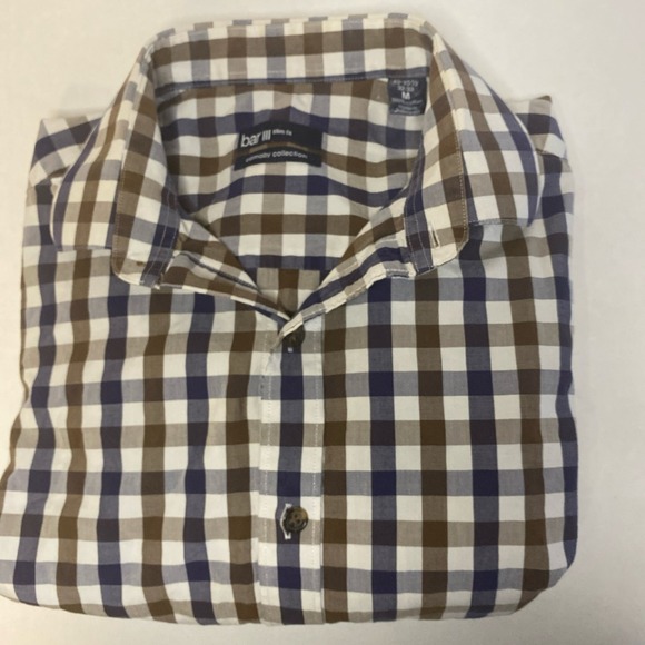 Preowned Bar III Carnaby Collection Slim Fit Men's M Blue/Brown Gingham Shirt - Picture 1 of 6